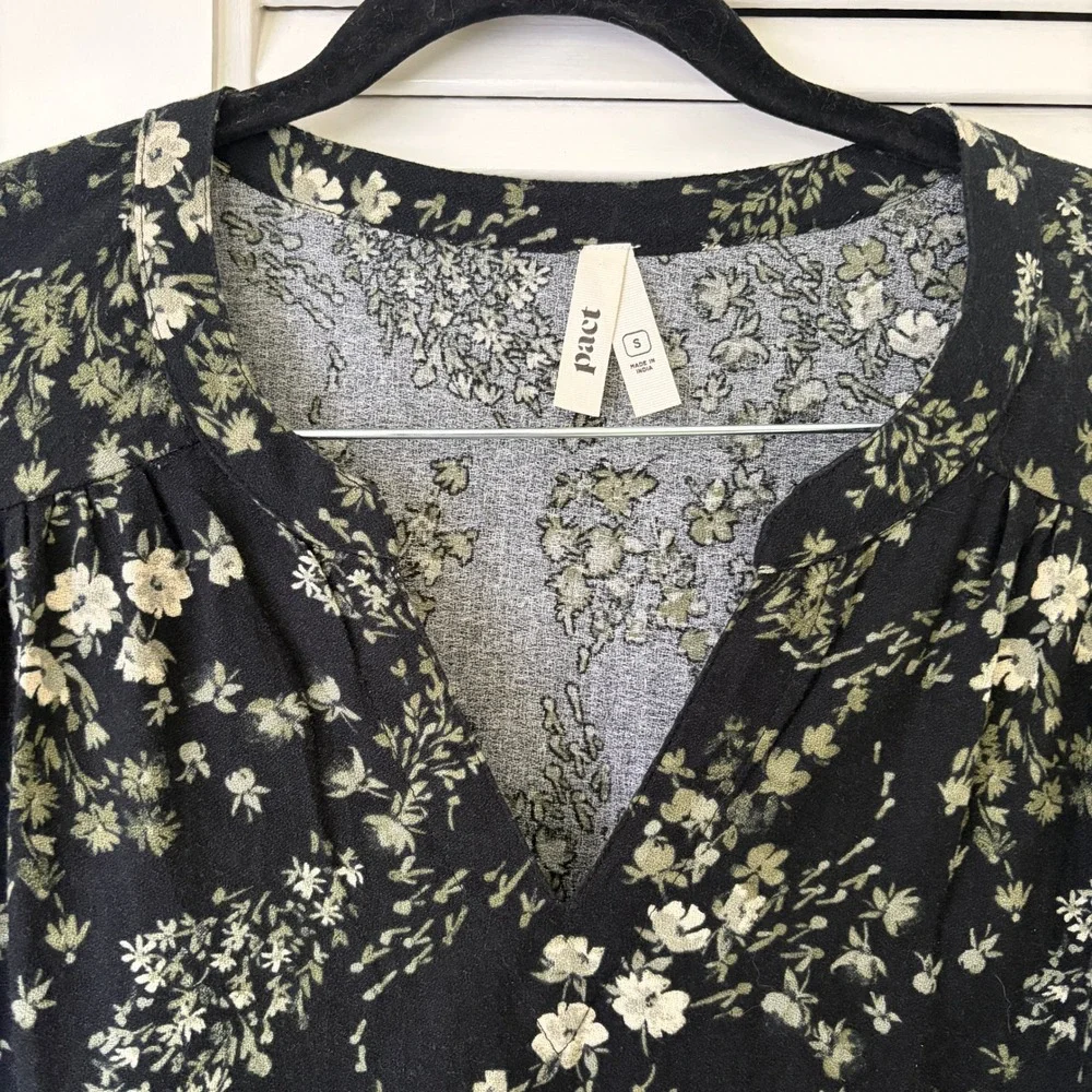 Pact Organic Cotton Floral Tiered Dress Black Green Long Sleeve Women's S